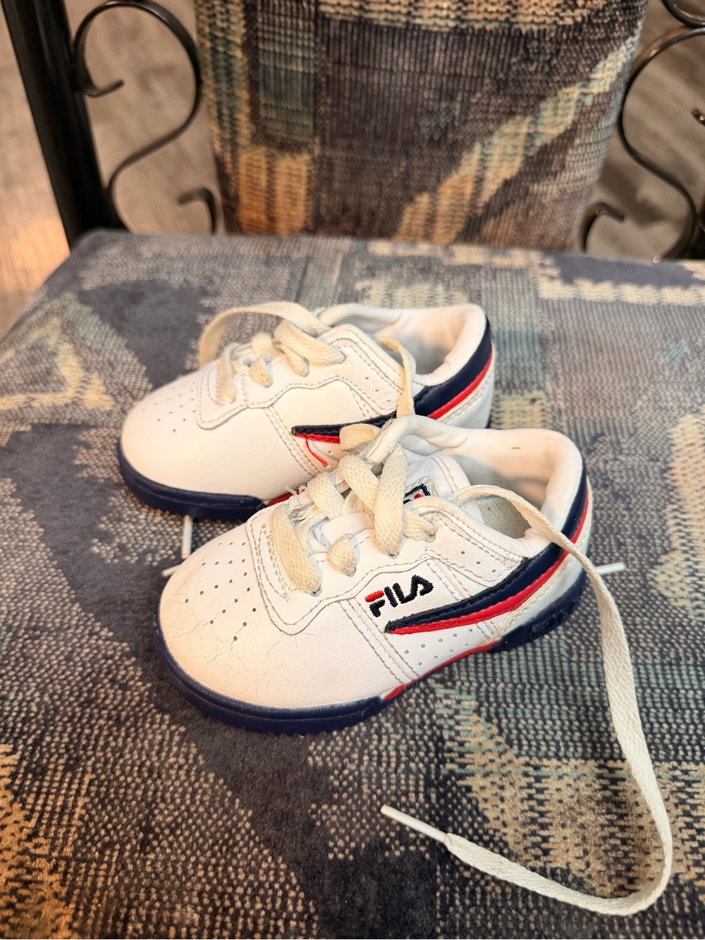 FILA White Kids Sneakers with Navy & Red Accents